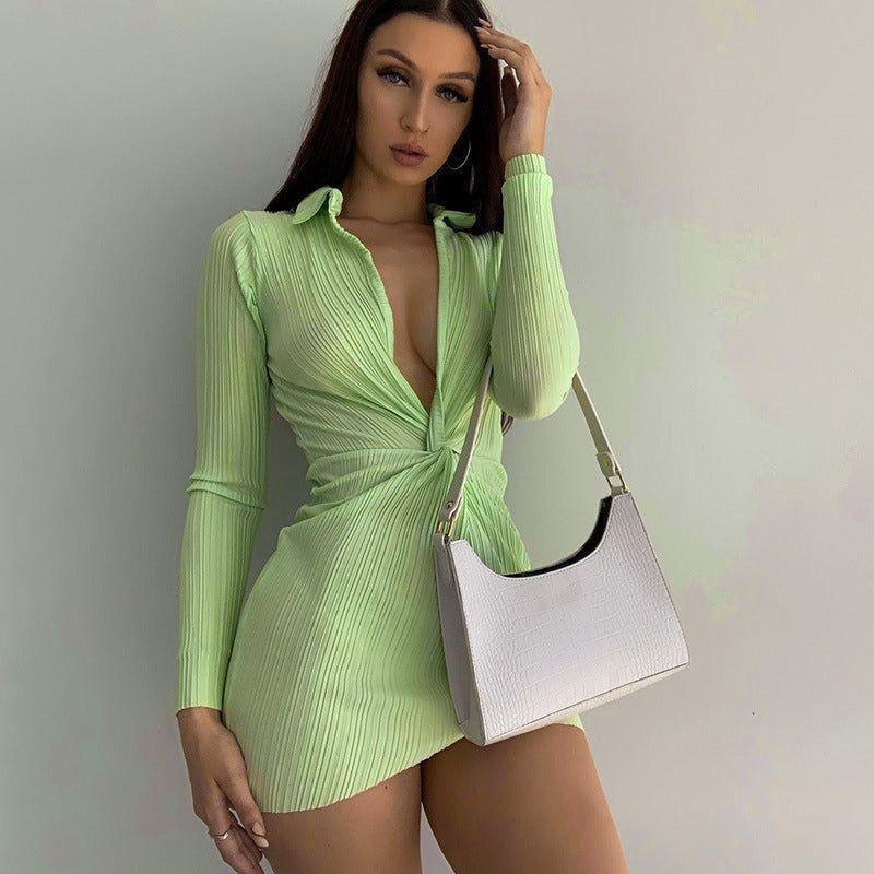 Palm Ribbed Deep V Twist Long Sleeves Mini Dress