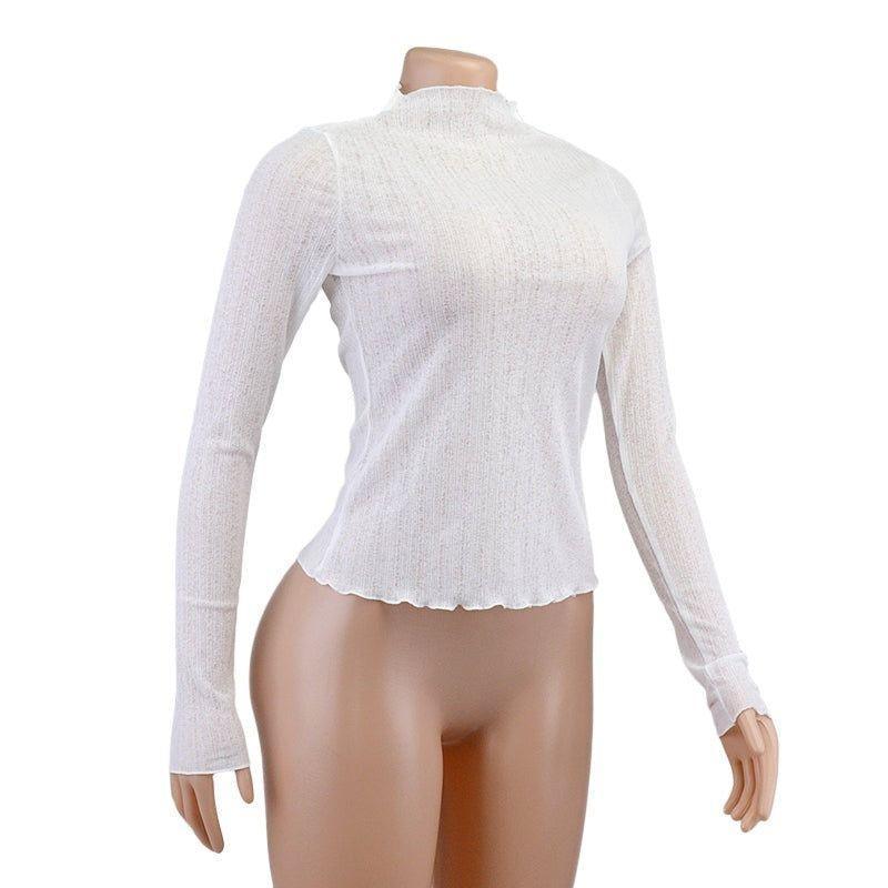 Presley Sheer Mesh Mock Neck Frill Hem Top