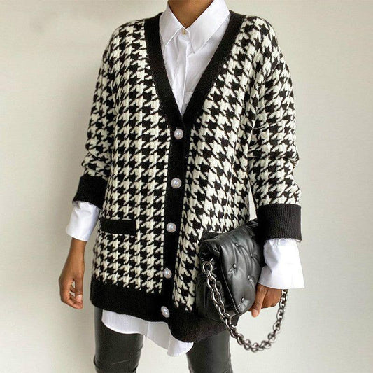 Killa Houndstooth Pattern Button Cardigan