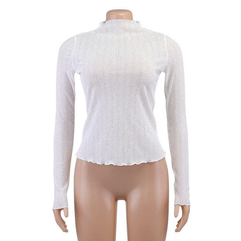 Presley Sheer Mesh Mock Neck Frill Hem Top