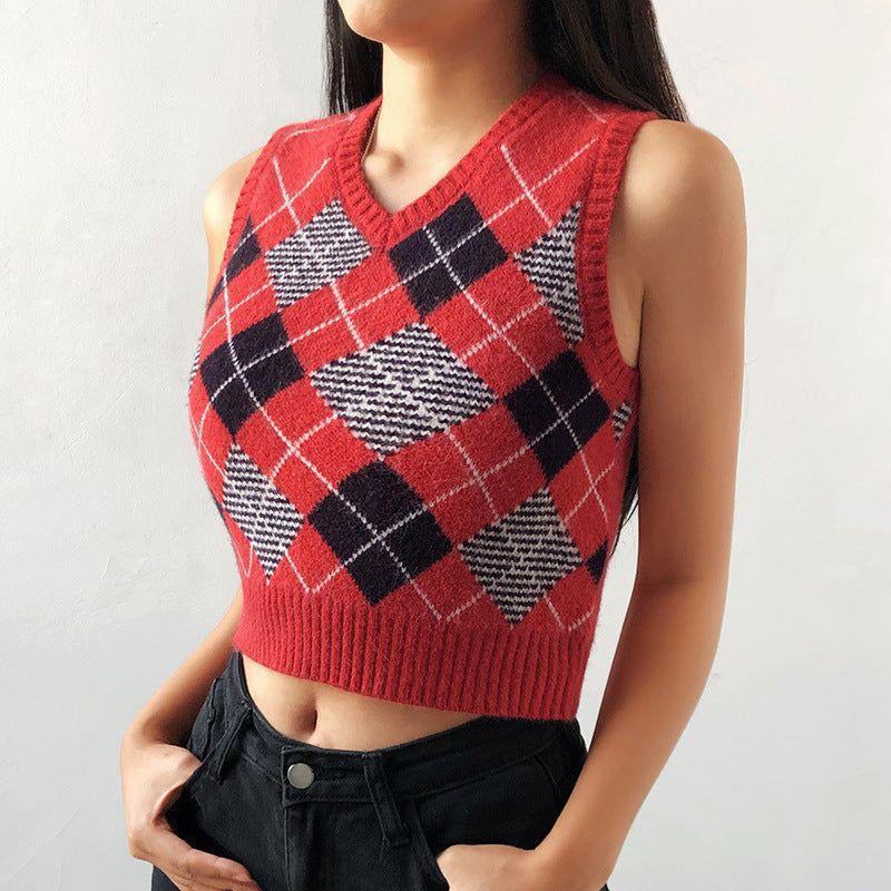 Silvia Knitted Plaid Crop Vest