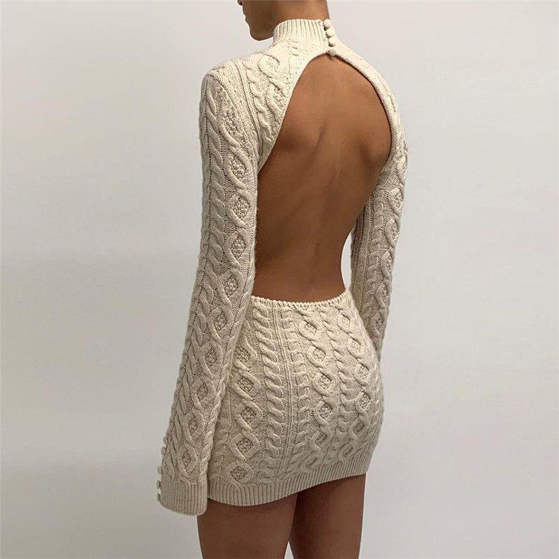 Buttermilk Knitted Long Sleeve Backless Mini Dress