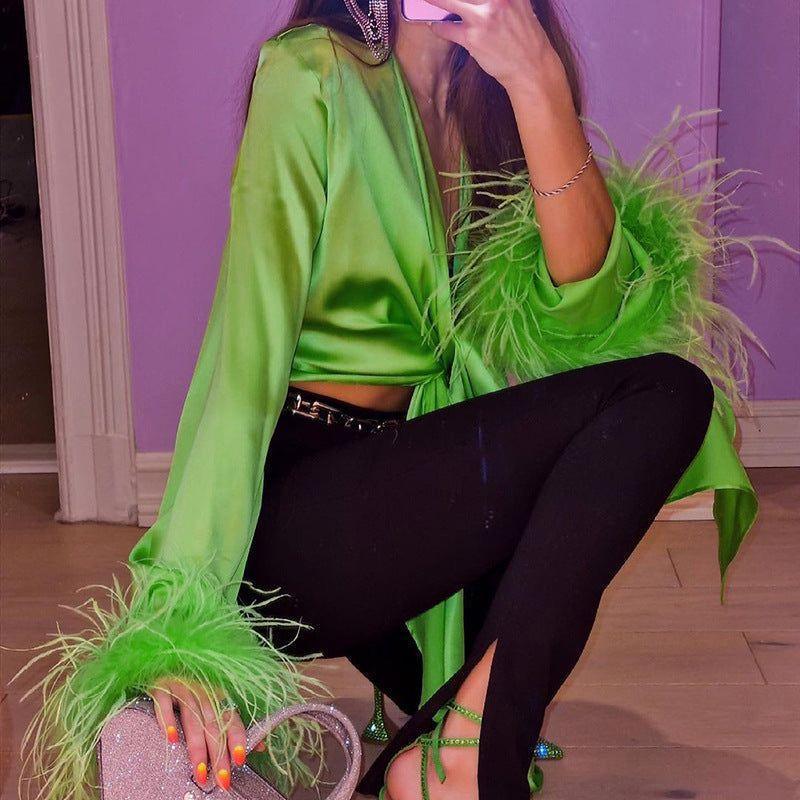 Good Vibes Feather Long Sleeve Satin Top