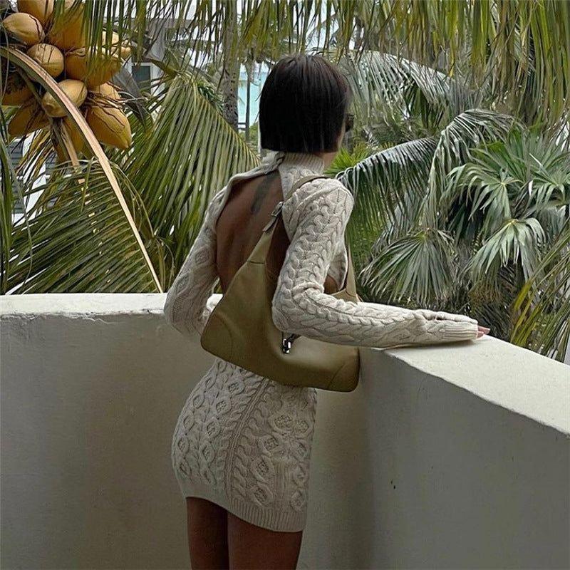 Buttermilk Knitted Long Sleeve Backless Mini Dress