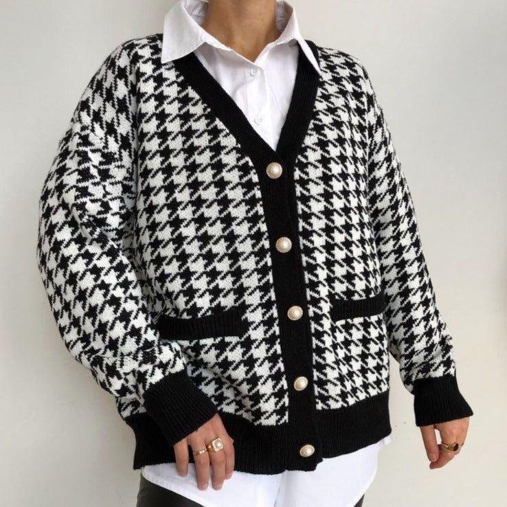 Killa Houndstooth Pattern Button Cardigan