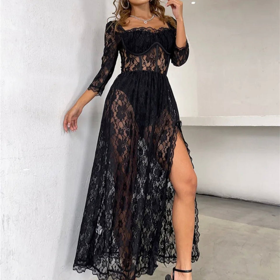 Delilah Sexy Lace Split Maxi Dress