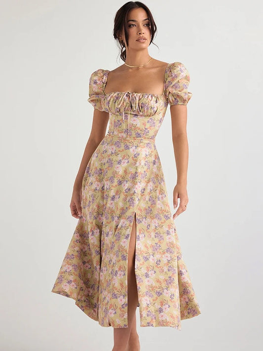 Hot Milkmaid Floral Split Midi Dress