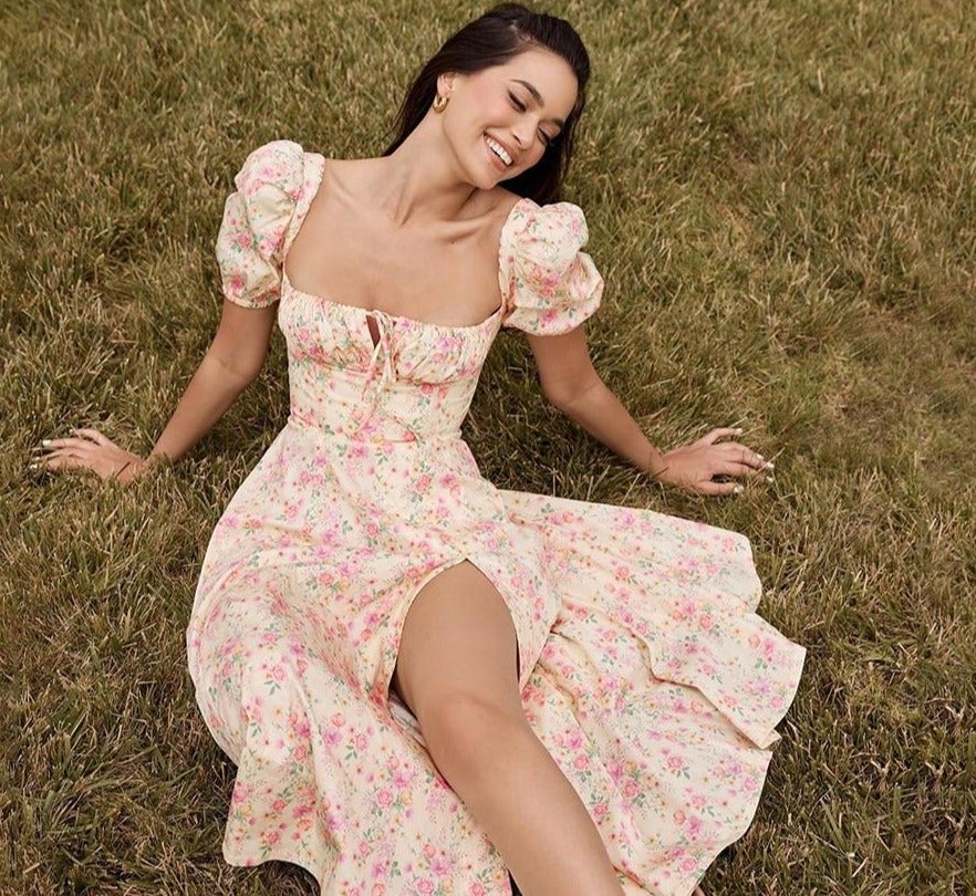 Hot Milkmaid Floral Split Midi Dress