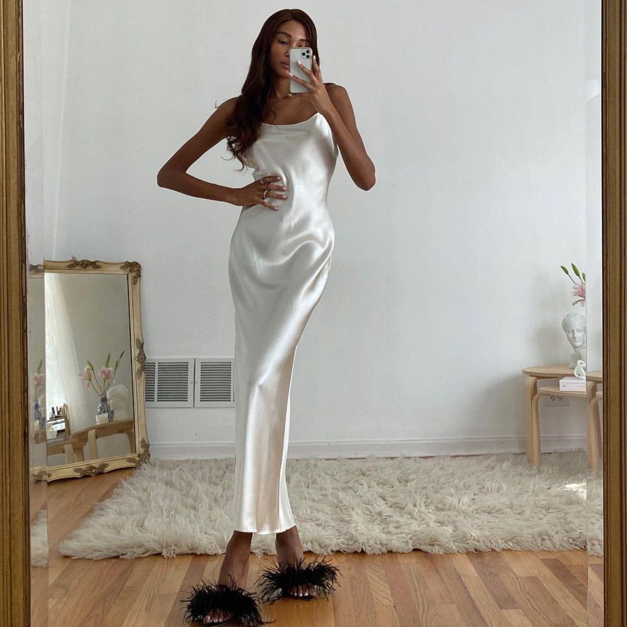 Olivia Metallic Satin Cowl Neck Maxi Dress