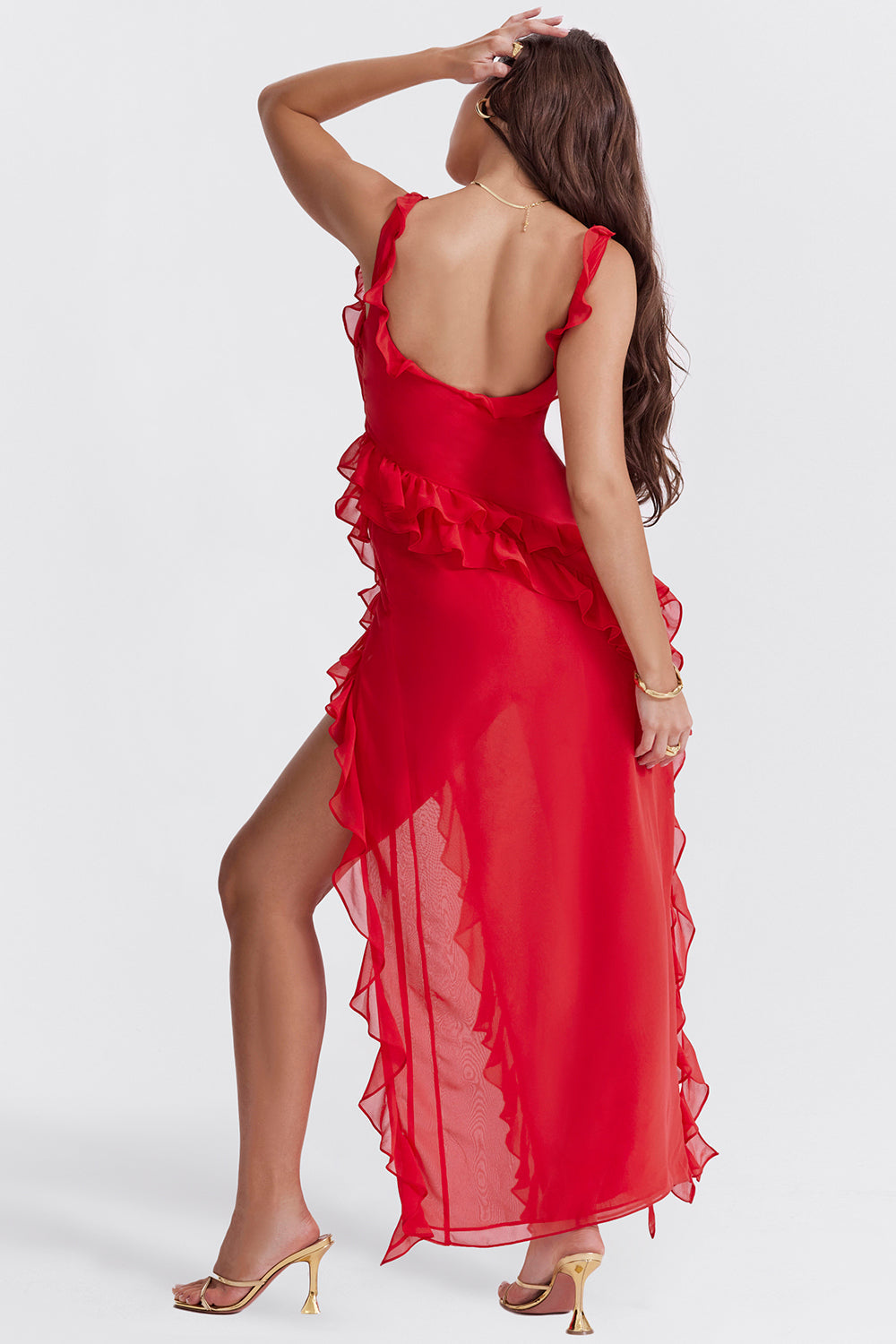 Ruffled Elegance Bodycon Ruched Maxi Dress