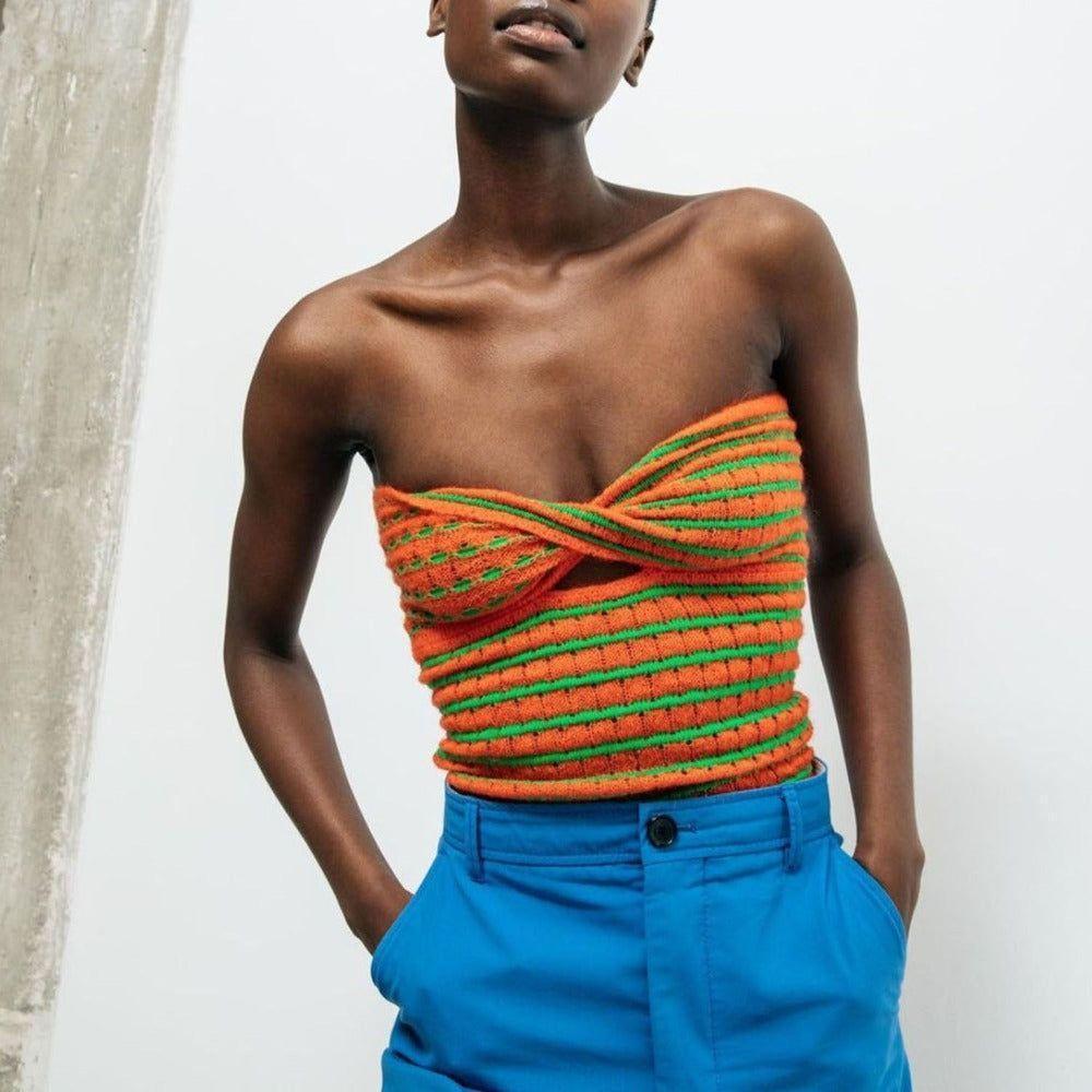 Euro Striped Twist Cutout Strapless Knitted Crop Top