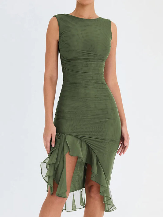 Mermaid Whispers Ruffled Ruched Hem Midi Dress