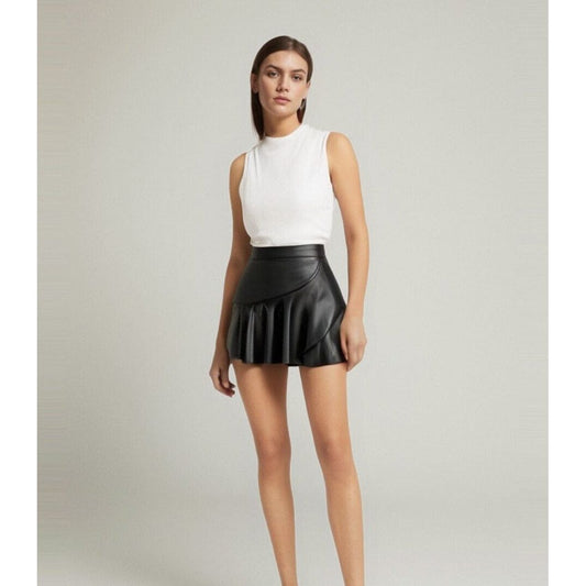 The Elara Ruffled Faux Leather Mini Skirt