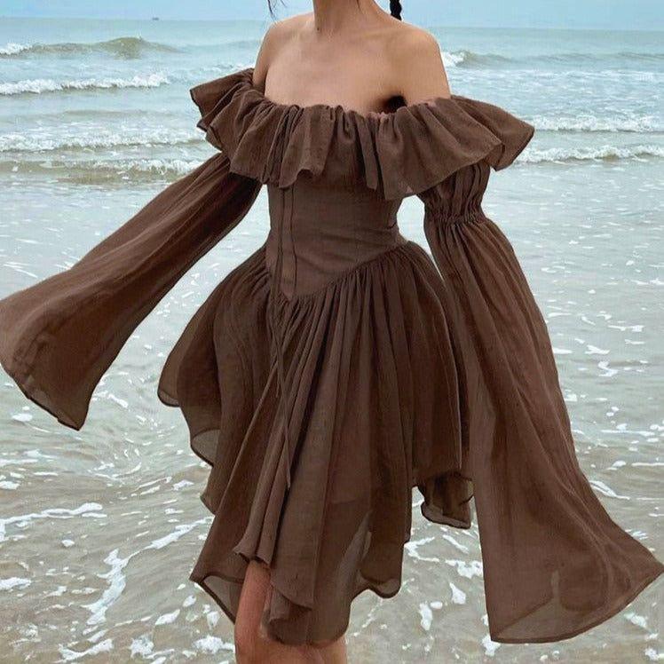 Milk Chocolate Vintage Ruffled Off Shoulder Midi Dress