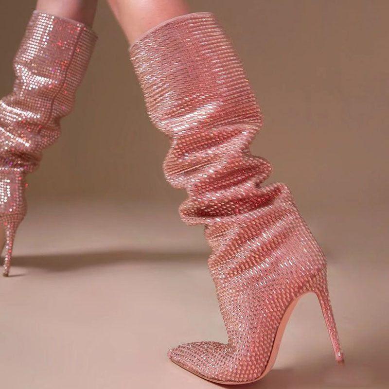 Fashionista Glitter Rhinestone Knee-High Stilettos Boots