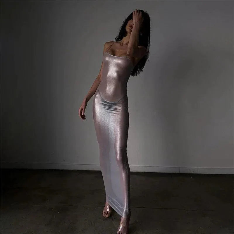 Focused On Me Sheer Metallic Maxi Dress