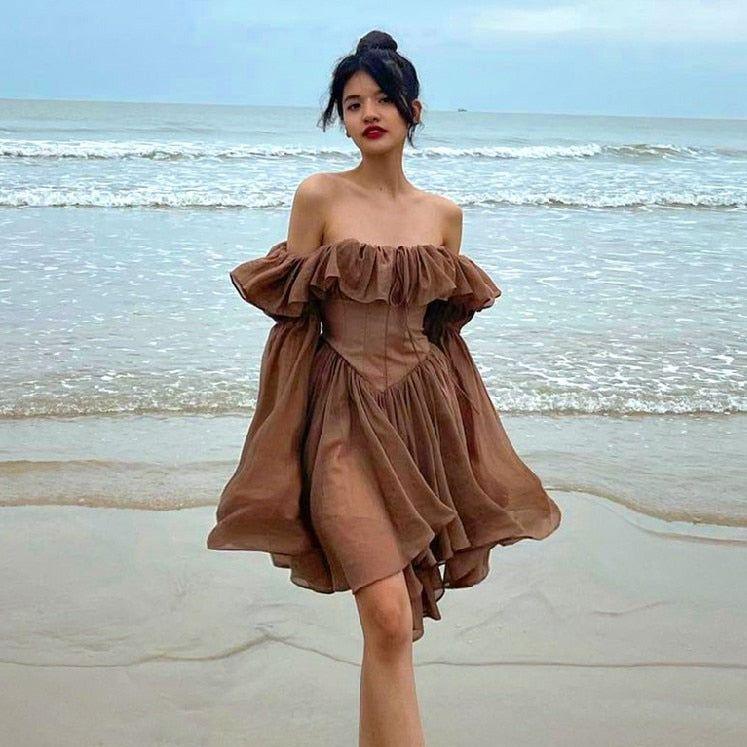 Milk Chocolate Vintage Ruffled Off Shoulder Midi Dress