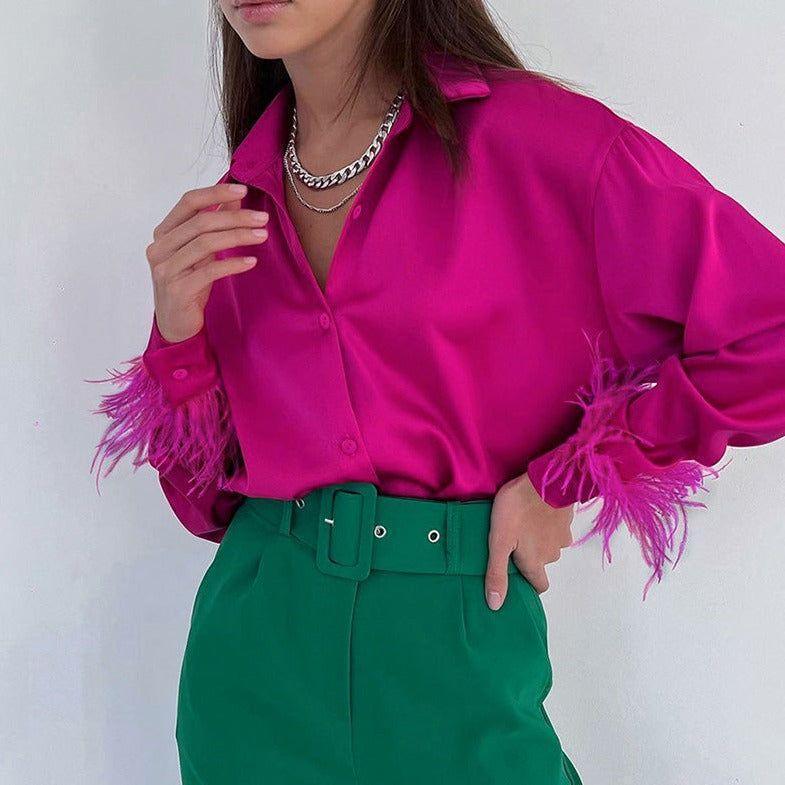 Carmelia Feather Sleeve Satin Blouse