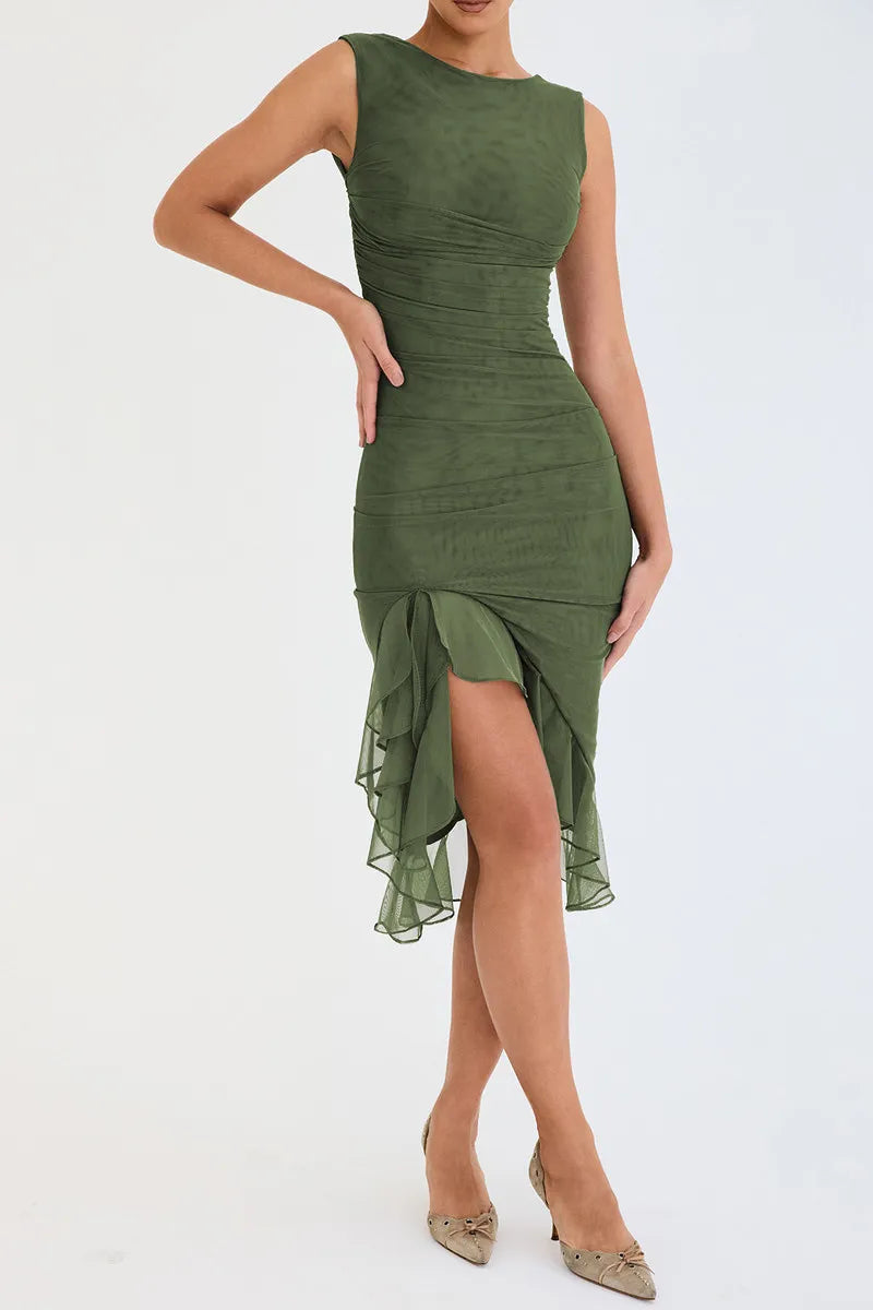 Mermaid Whispers Ruffled Ruched Hem Midi Dress