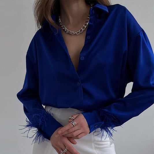 Carmelia Feather Sleeve Satin Blouse