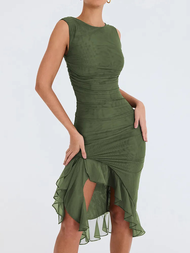 Mermaid Whispers Ruffled Ruched Hem Midi Dress