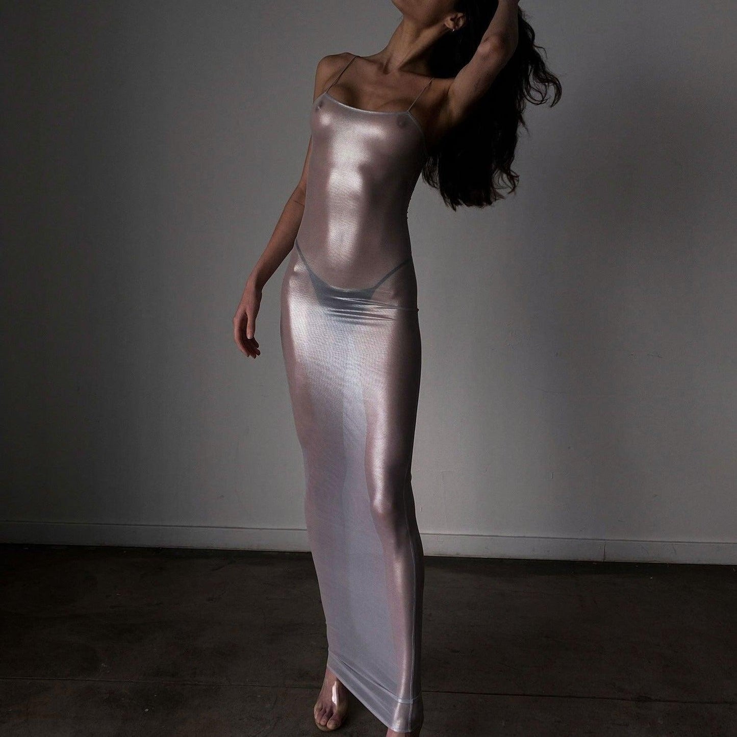 Focused On Me Sheer Metallic Maxi Dress