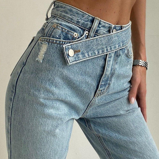 Emilia High Waisted Cross-Belt Design Jeans