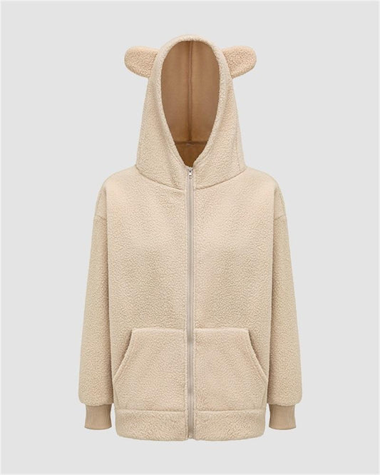 Bear Ear Fuzzy Zip Up Hooded Jacket