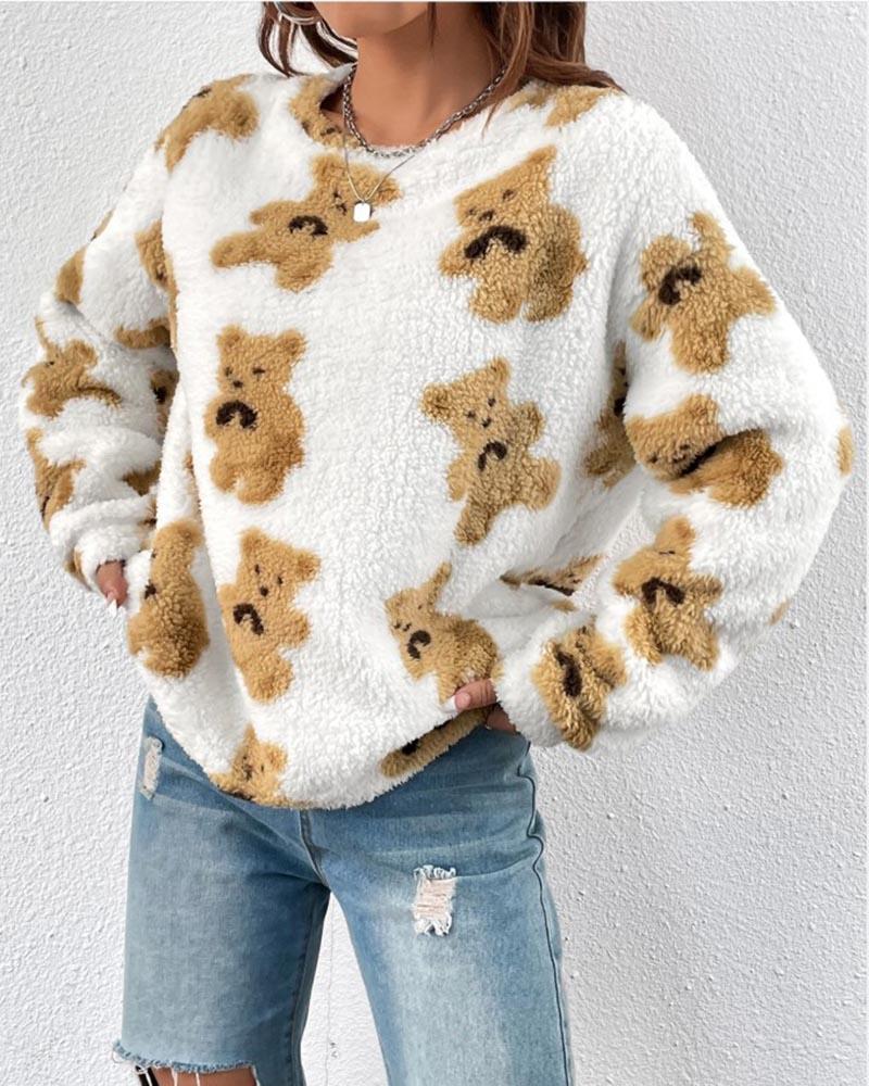 Teddy Bear Print Pullover Sweatshirt