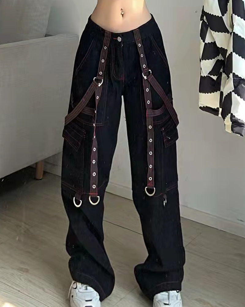 Vintage Chain Embellished Strap Cargo Pants