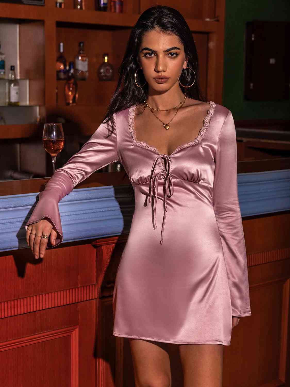 Satin Sonata Long Sleeve Night Mini Dress