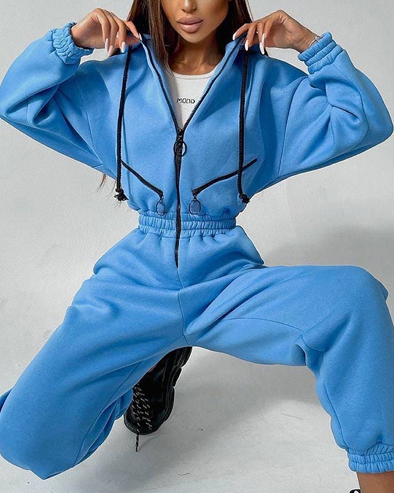 Zipper Hooded Sports Jumpsuit