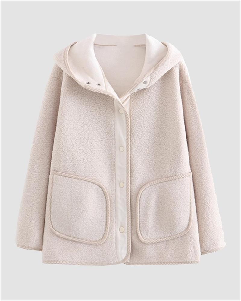 Hooded Buttoned Woolen Jacket