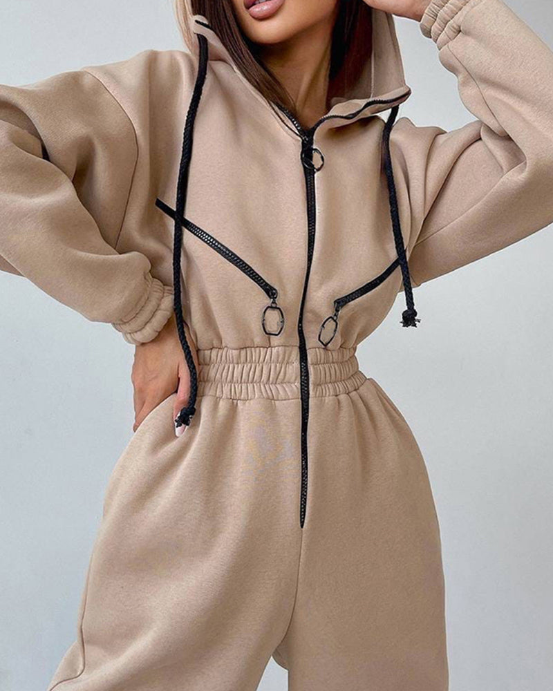 Zipper Hooded Sports Jumpsuit