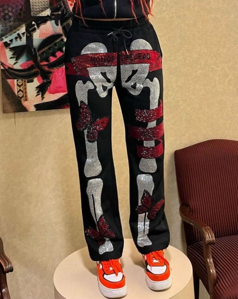 Halloween Skull Rhinestones Pants