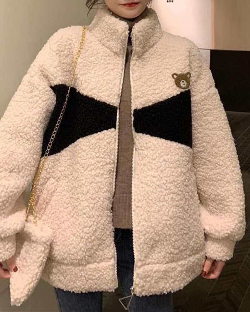 Bear Stand Collar Zip Fuzzy Jacket