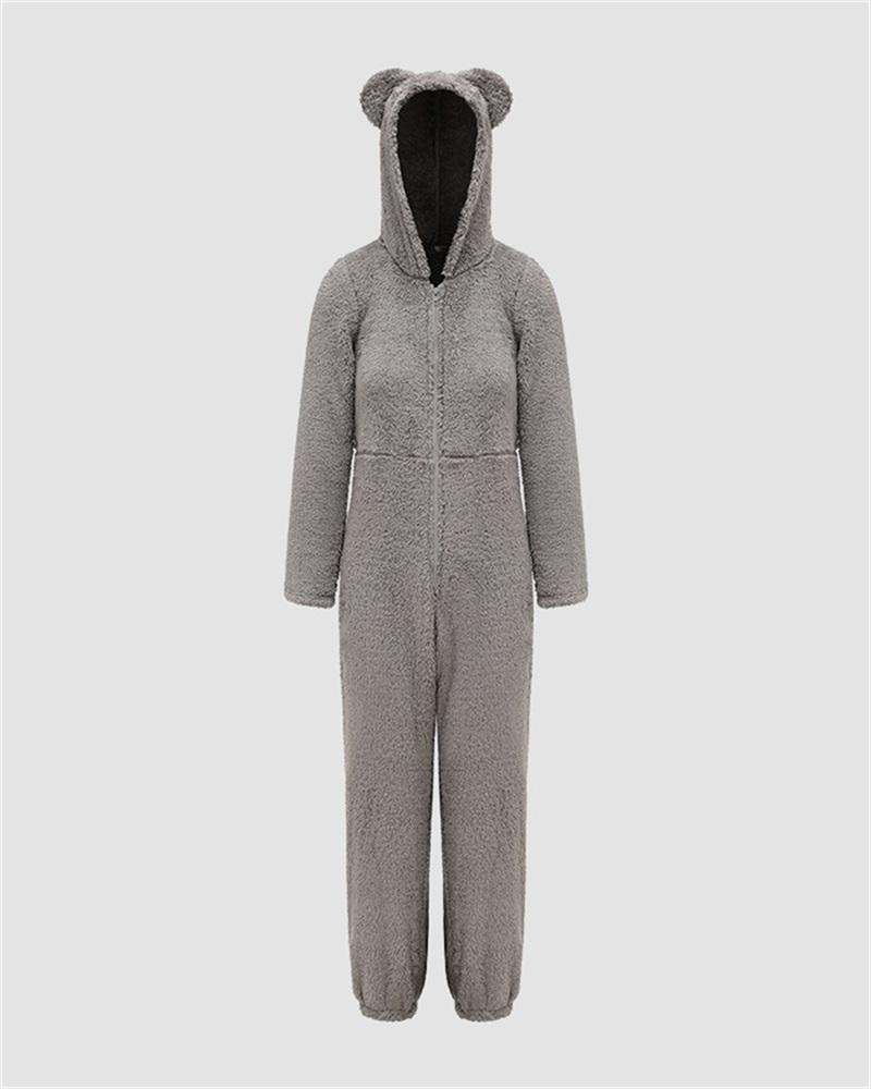 Hoodied Zip Front Fleece Jumpsuit