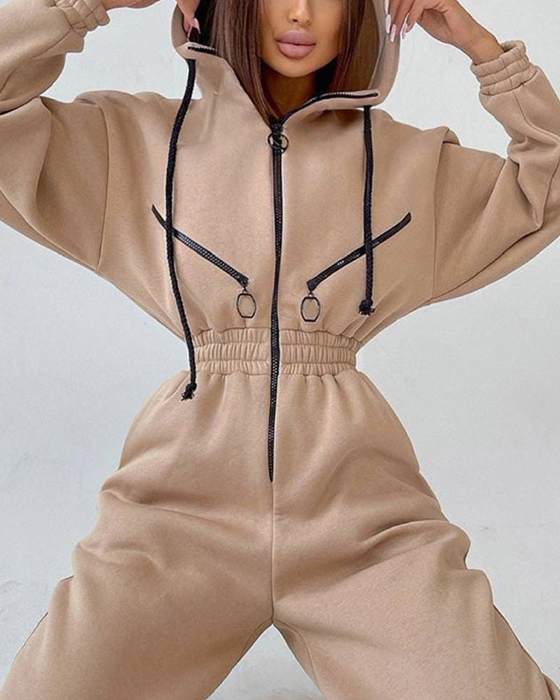 Zipper Hooded Sports Jumpsuit