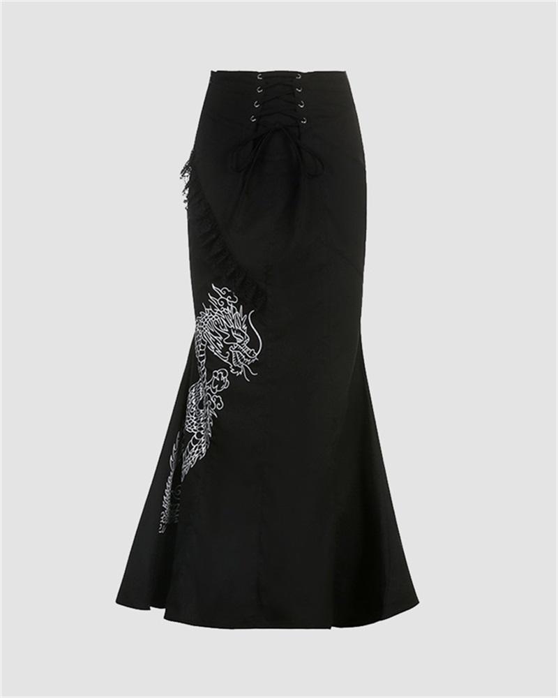 Gothic Dragon Print Retro Strap Skirt