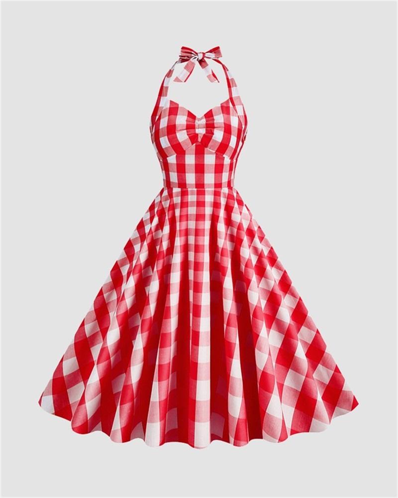 Sweet Utopia Halter Flare Gingham Dress