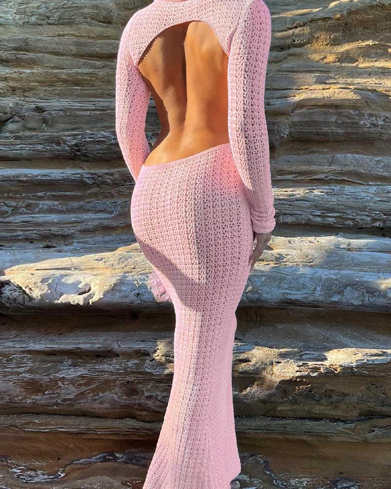 Open Back Mesh Crochet Long-Sleeved Maxi Pink Dress