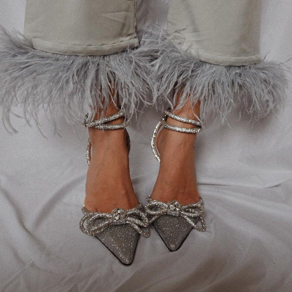 Galaxy Silver Glitter Wrap Around Bow Heels