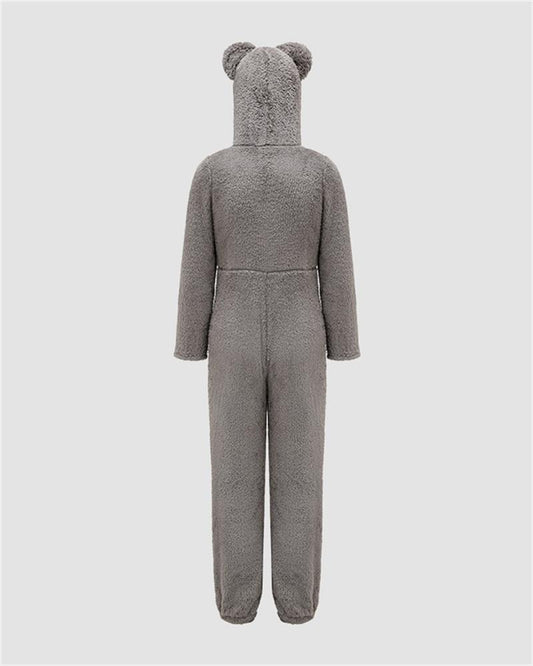 Hoodied Zip Front Fleece Jumpsuit