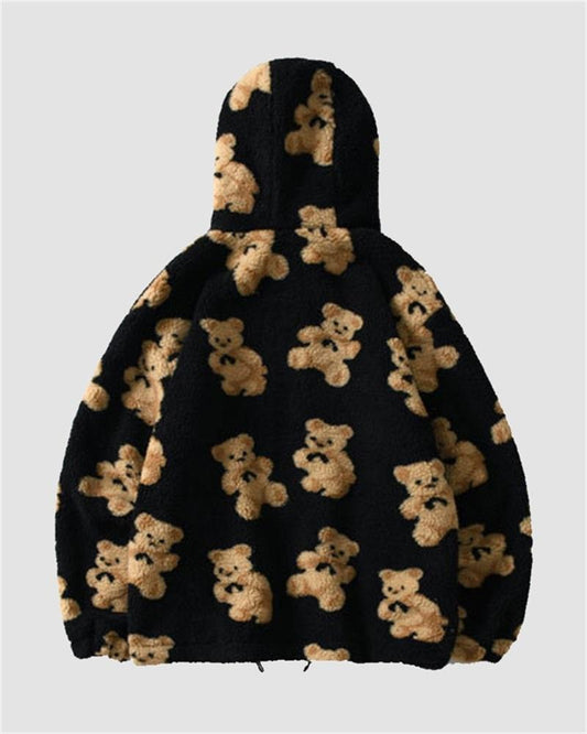 Bear Print Hooded Fleece Jacket