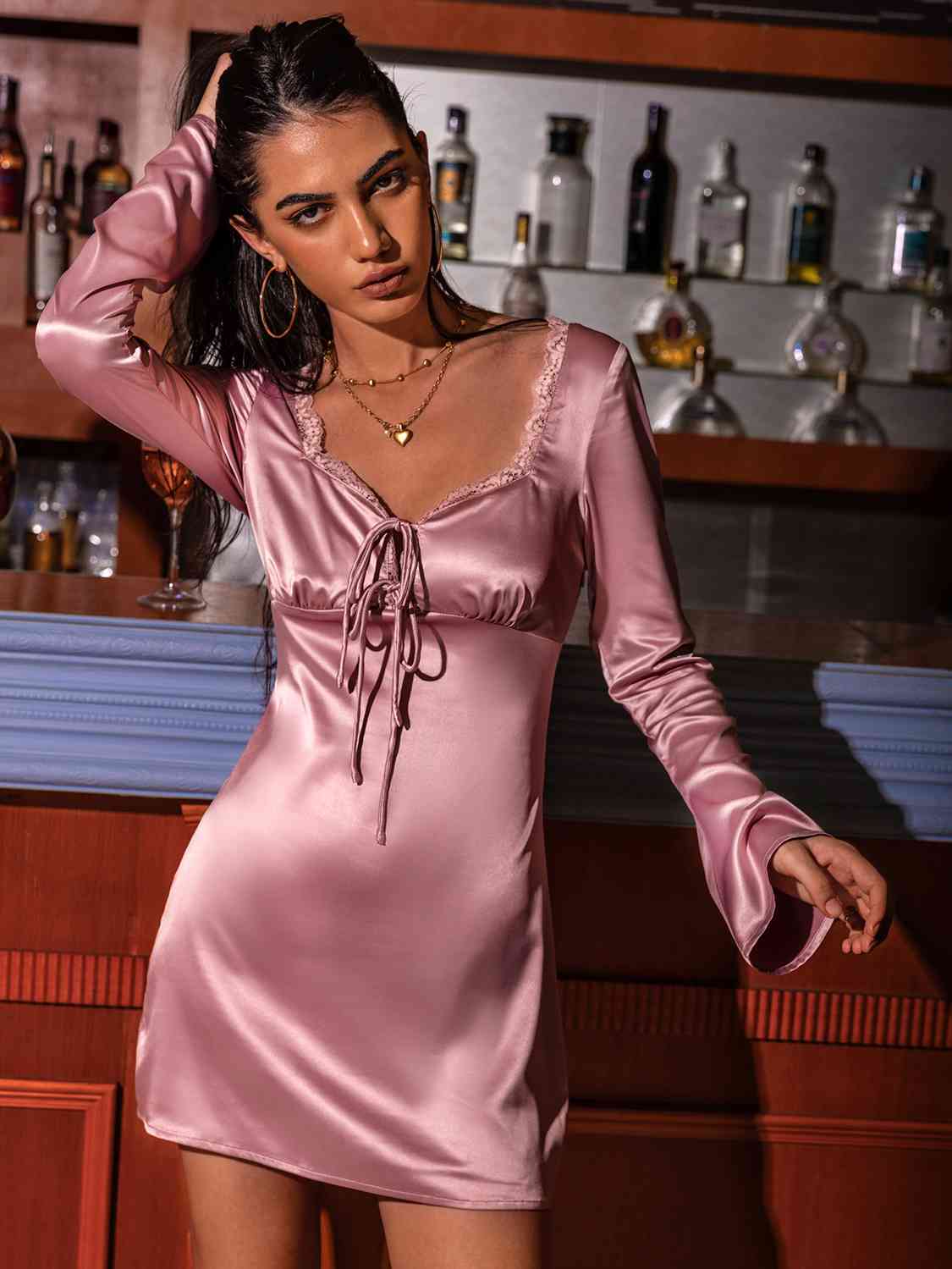 Satin Sonata Long Sleeve Night Mini Dress