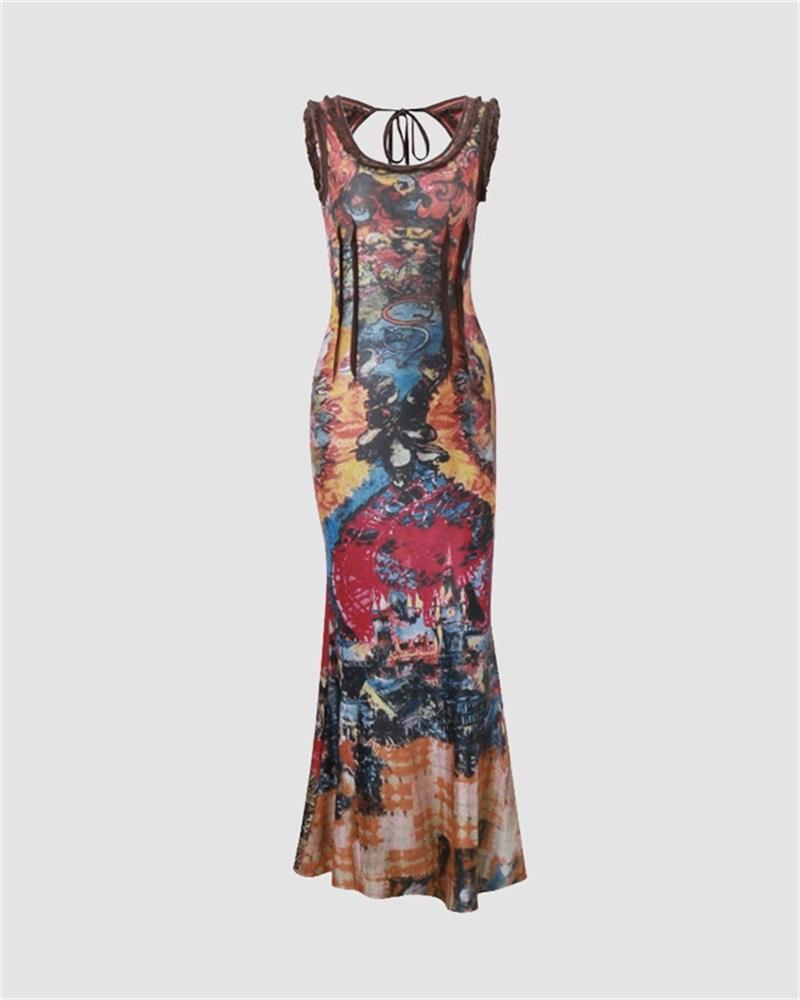 Abstract Print Design Maxi Dress