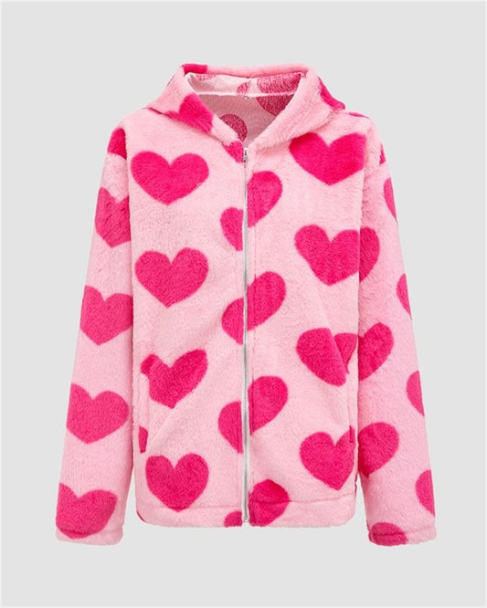 Heart Print Fuzzy Hooded Jacket