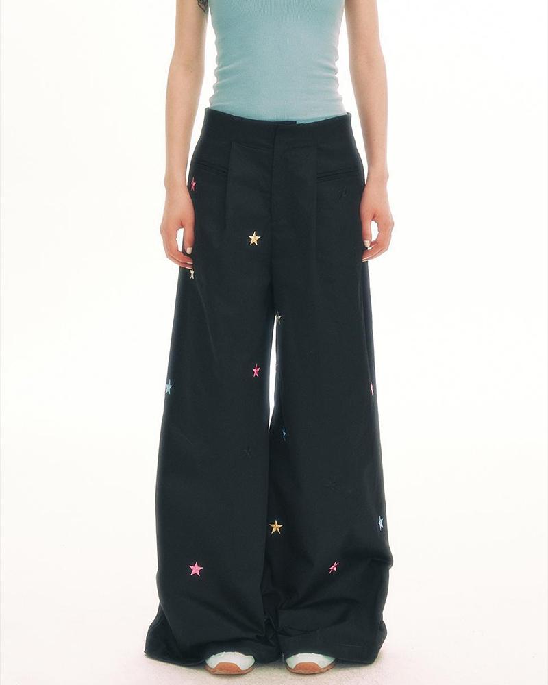 Colorful Star Embroidered Black Cargo Pants