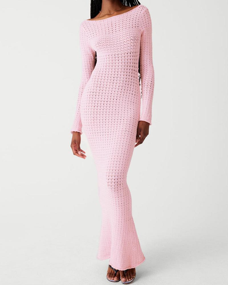 Open Back Mesh Crochet Long-Sleeved Maxi Pink Dress