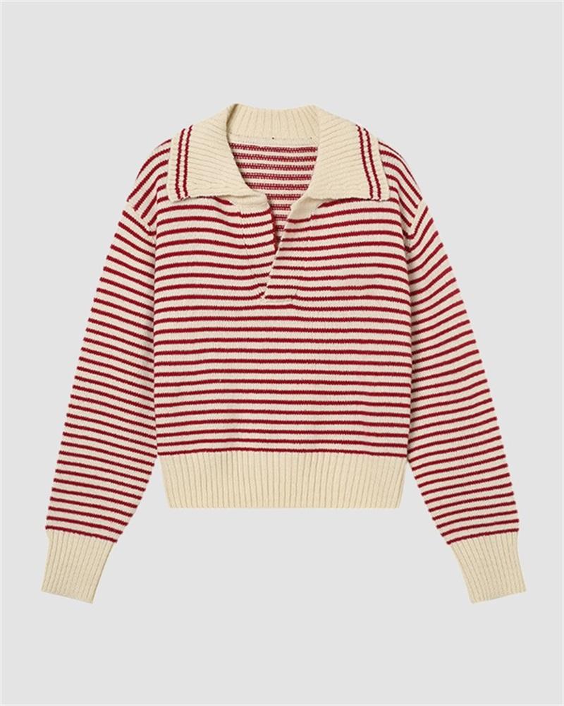 Retro Polo Collar Striped Sweater